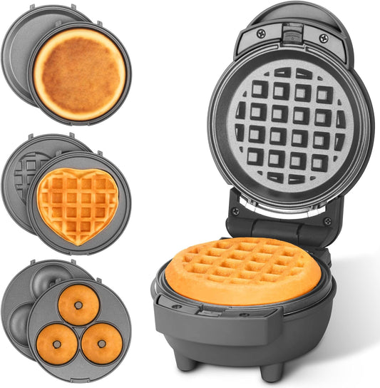 Baker's Friend 4 in 1 Mini Waffle Maker With Removable Plates - Pancake, Donut, Heart Shape and Small Waffle Maker Set - Recipe Included, Graphite