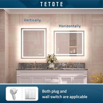 TETOTE 28 Inch Round LED Bathroom Vanity Mirror, Anti-Fog Dimmable Lights IP54 Waterproof Circle Makeup Wall Mounted Mirror