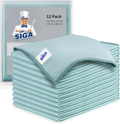 Ultra Fine Microfiber Cloths for Glass and Mirrors, Pack of 12 (35 x 40 cm), Lint-Free, Non-Scratch Cleaning Towels for Windows, Lenses, and Stemware - PuriLite