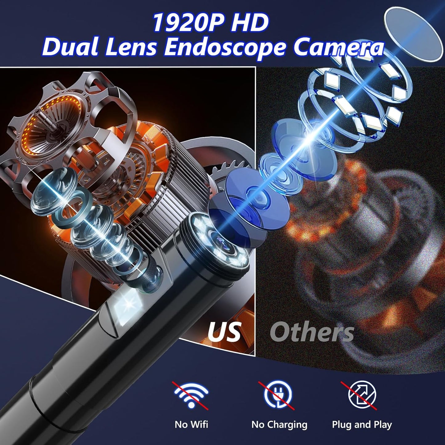 Endoscope Camera with Light, Ennovor 1920P HD, Endoscope Inspection with 8 Adjustable LED Lights, Borescope with Flexible Rigid Snake Camera, IP67 Waterproof and No WiFi Required, for Android iOS