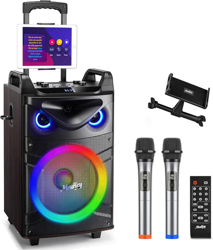 Moukey Karaoke Machine, 10" Woofer Portable PA System, Bluetooth Speaker with 2 Wireless Microphones, Lyrics Display Tablet Holder, Party Lights & Echo/Treble/Bass Adjustment Support REC/AUX/USB/TF
