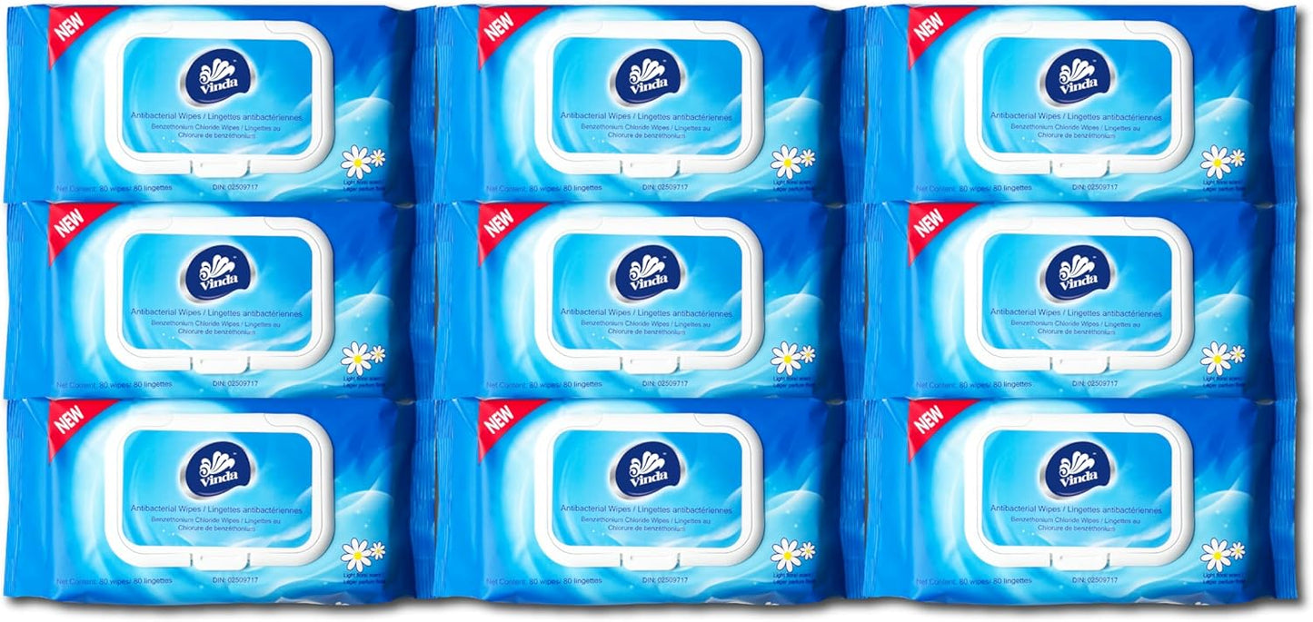 Vinda 720 Count (9 Packs) Antibacterial Wipes, Cleaning, Sanitizing, Hand Wipes for Home, Office, Travel and Outdoor Use, Good for Sensitive Skin, Clean Refreshing Scent (9 Pack)
