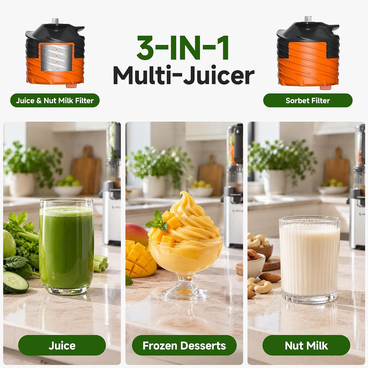 3-in-1 Cold Press Juicer | 600W Motor, Wide Feed Chute and Juice, Nut Milk & Sorbet Maker