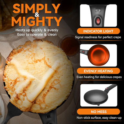 Baker's Friend Crepe Maker Machine with Auto Power Off, Portable Crepe Maker with Non Stick Dipping Plate, Automatic Temperature Control (Graphite)