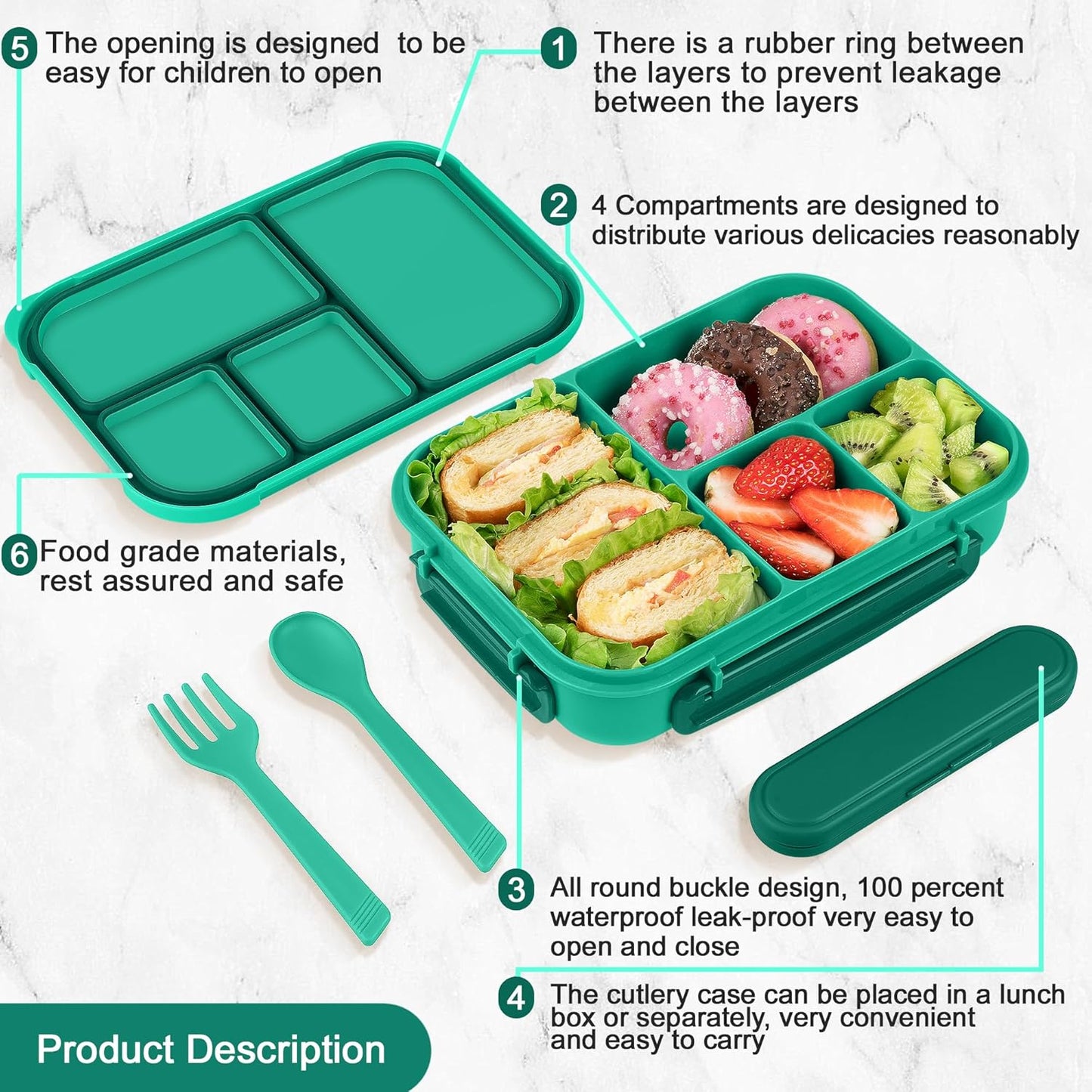 Amathley Lunch Box Kids,Bento Box Adult Lunch Box,Leakproof Lunch Containers for Adults/Kids/Toddler,1200ML-4 Compartments bento Lunch box with Utensil,Microwave & Dishwasher Safe(Dark Gray)