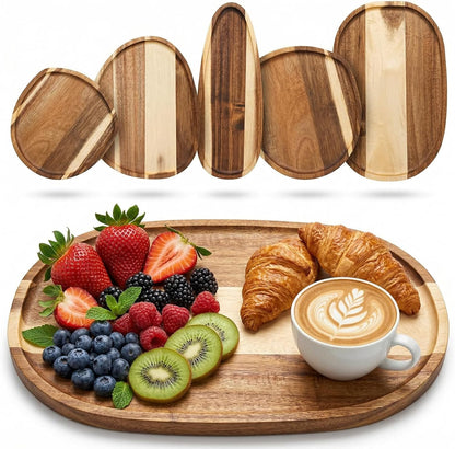 Okllen 5 Pcs Acacia Wood Serving Trays, Irregular Oval Wood Platters (6.3-11.7" L, 5.1-8.2" W), Natural Charcuterie Board for Cheese & Fruit, Rustic Home Decor, Housewarming Gift