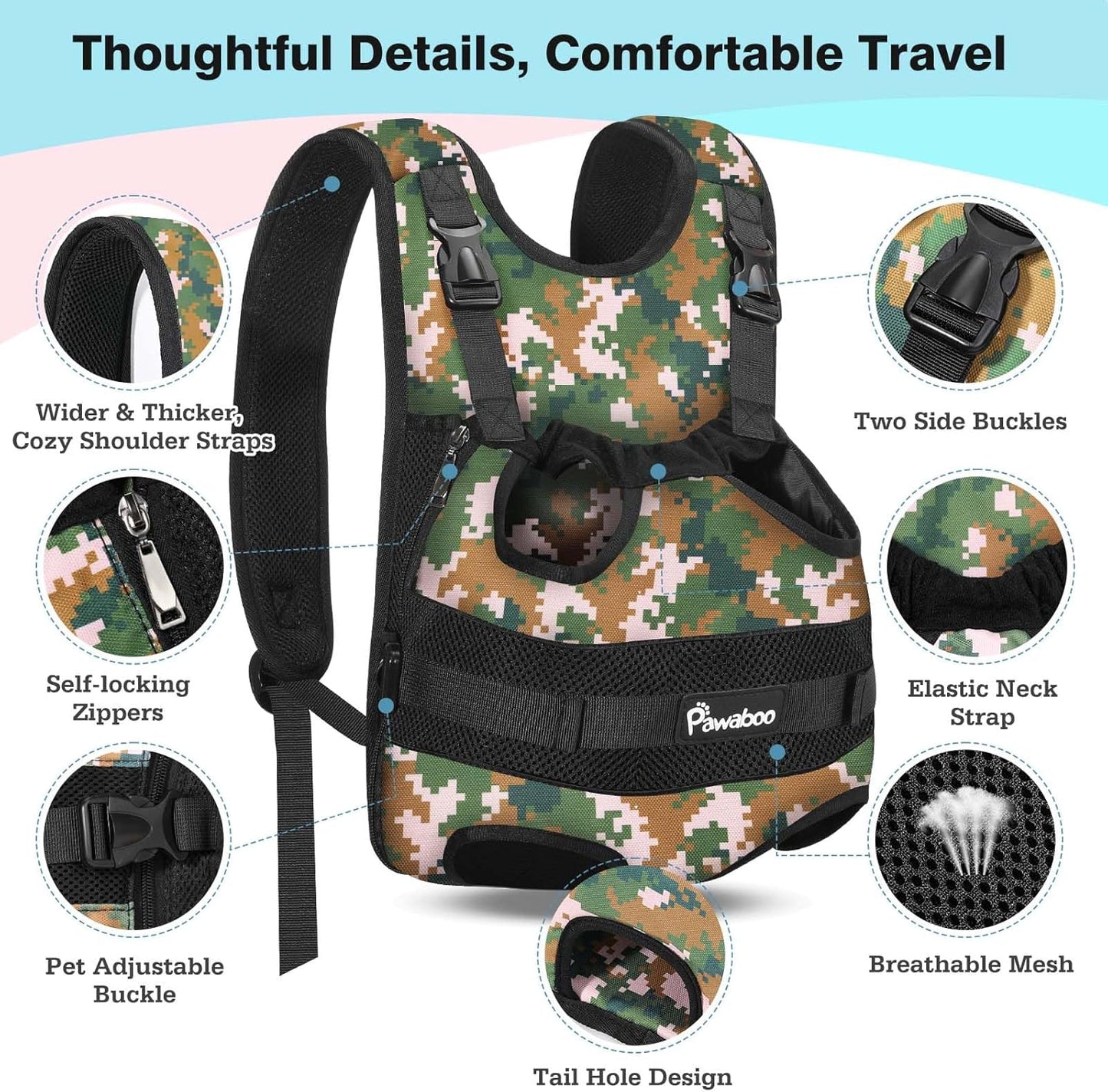 Pawaboo Pet Carrier Backpack, Adjustable Pet Front Cat Dog Carrier Backpack Travel Bag, Legs Out, Easy-Fit for Traveling Hiking Camping for Small Medium Dogs Cats Puppies, Medium, Black