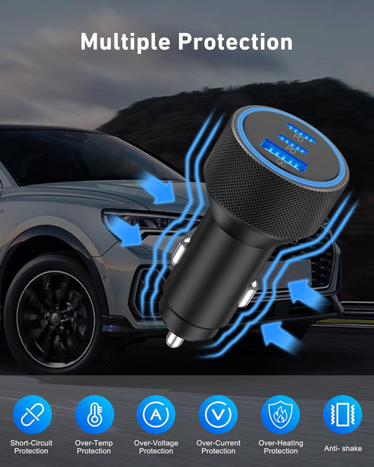 USB C Car Charger, 3-Port 67W Super Fast Charging Dual USB-C & USB-A Car Charger Accessories Cigarette Lighter Adapter for iPhone 17 16e 16 15 14 13 12 11 Pro Max, iPad, Galaxy, Pixel, Android Phone - PuriLite