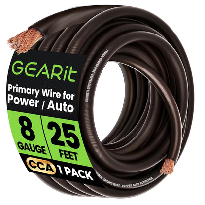 GEARit, 8 Gauge Wire, for Automotive Power/Ground, Battery Cable, Car Audio, RV, Amp, CCA, Automotive Wire, Amp Kit, Battery Cables, Wiring Kit, (25 feet Each- Black/Red)