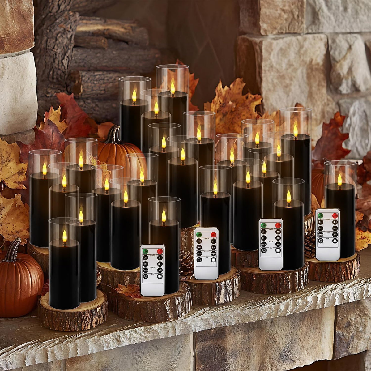 24-Pack Black Flameless LED Candles - Elegant Black Acrylic Pillar, Realistic Flickering Flame, Remote & Timer for Halloween, Gothic Decor, Weddings, Christmas & Home Decoration