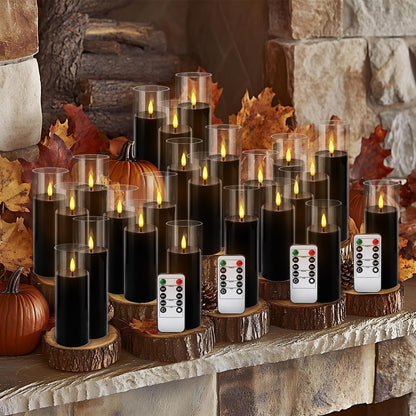 24-Pack Black Flameless LED Candles - Elegant Black Acrylic Pillar, Realistic Flickering Flame, Remote & Timer for Halloween, Gothic Decor, Weddings, Christmas & Home Decoration