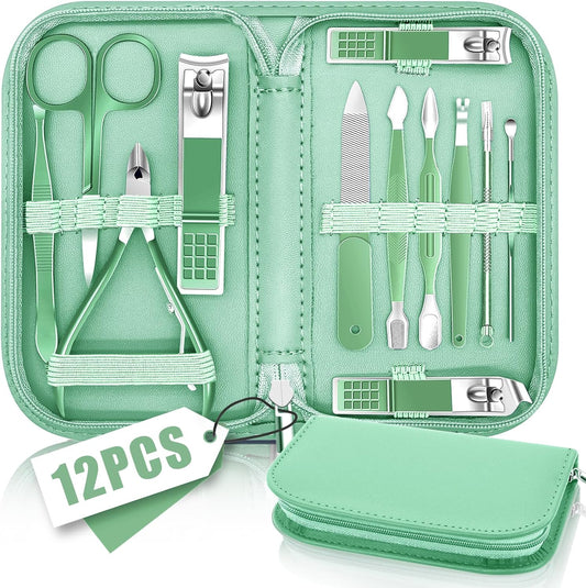 Manicure Pedicure Set, Nail Clipper Set for Men Women, Professional Manicure Kit Pedicure Kit, Nail Care Kit with Green Travel Leather Bag, Set 12 in 1