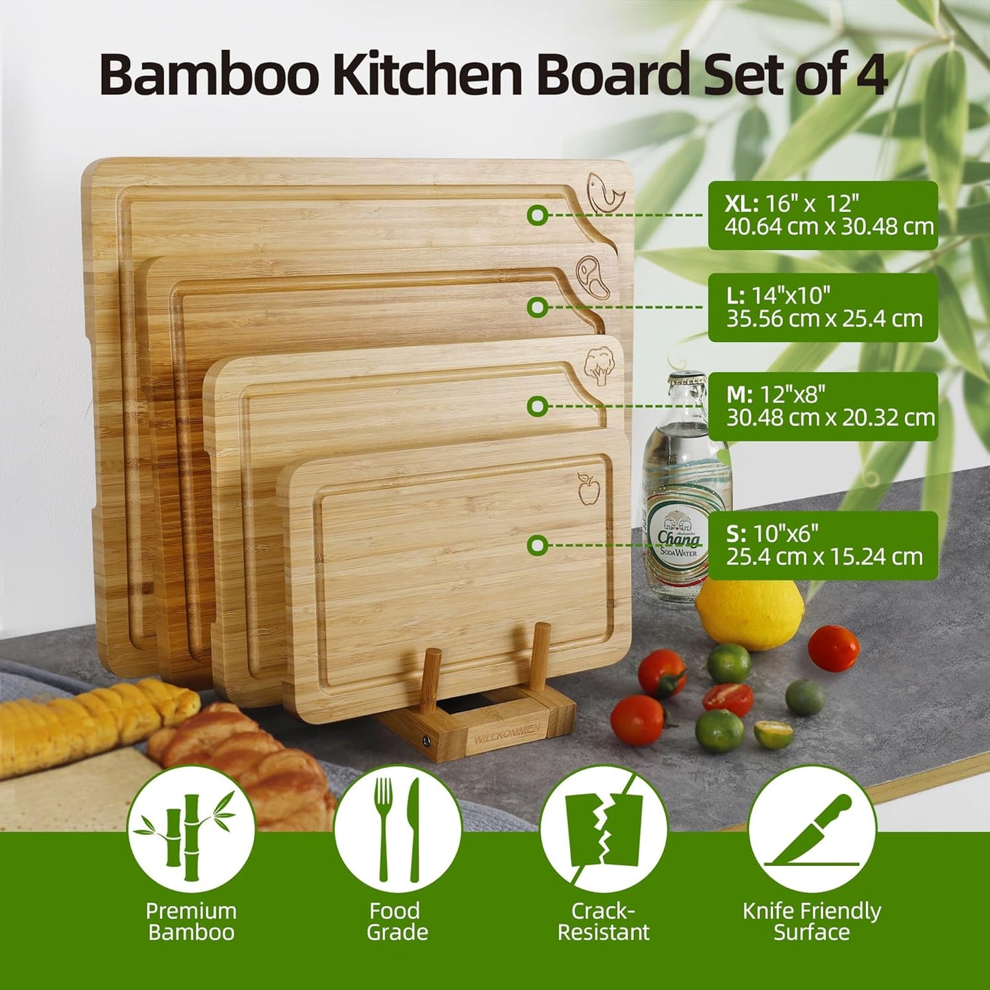 Bamboo Cutting Board Set of 3, Cutting Boards for Kitchen with Juice Groove, Bamboo Chopping Board Set, Serving Board Set for Meat, Fruit Vegetable and Cheese
