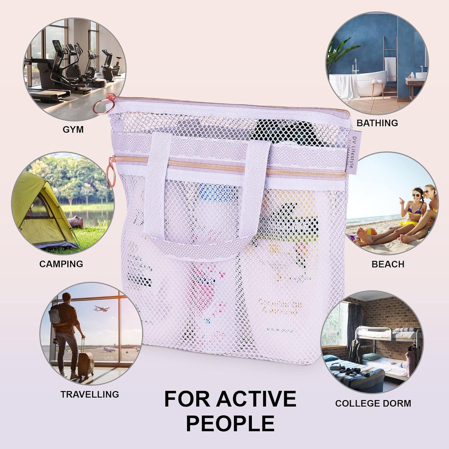 Mesh Shower Caddy Portable 10.2x9.9'' Shower Bag with Zipper & 2 Pockets. Shower Tote Ideal for Gym, Travel, Camp, Beach, for Sunscreen, Dorm & College Essentials (Black)