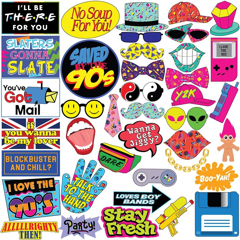 Throwback 90s Photo Booth Props - 40 Pieces - Funny 1990s Theme Party Supplies, Decorations and Gifts