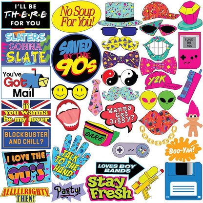 Throwback 90s Photo Booth Props - 40 Pieces - Funny 1990s Theme Party Supplies, Decorations and Gifts