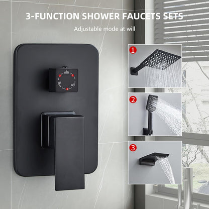 LCEVCGK Shower Faucet Set Complete Matte Black Shower System with 8 inch Square Rainfall Shower Head 3-Function Handheld Shower Waterfall Bathtub Spout Rain Shower Combo Set Bathroom Wall Mounted