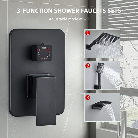 LCEVCGK Shower Faucet Set Complete Matte Black Shower System with 8 inch Square Rainfall Shower Head 3-Function Handheld Shower Waterfall Bathtub Spout Rain Shower Combo Set Bathroom Wall Mounted - PuriLite