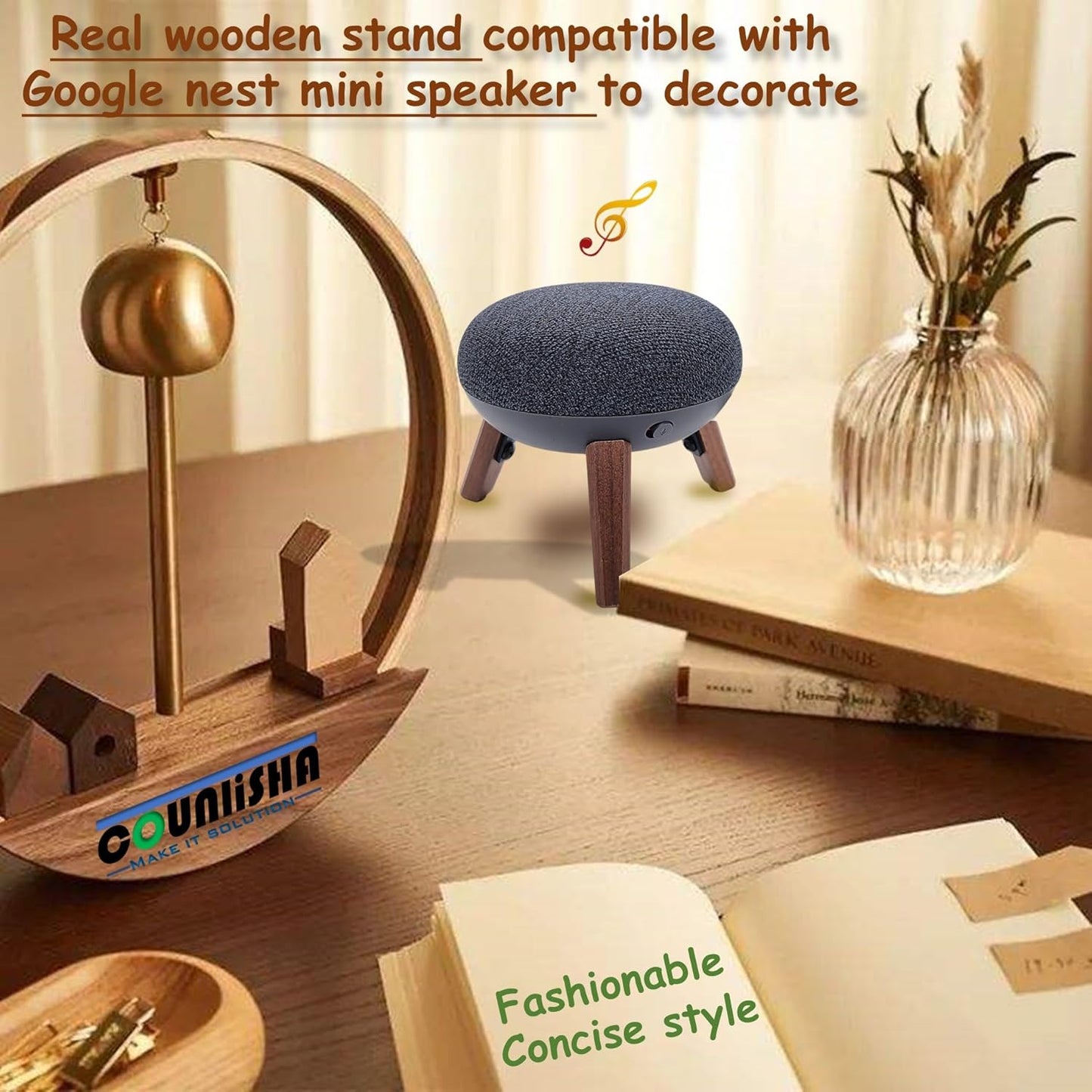 Real Wood Mount Compatible for Google Home mini,nest mini Speaker,Tripod Mount Holder with Metal Frame,Anti-Slip Safe Stable Wooden Stand for Home Mini on Desk (Walnut)