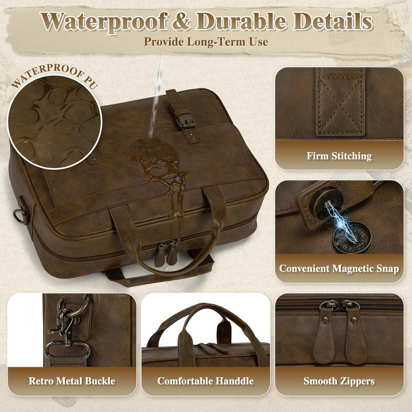 RAINSMORE Messenger Bag for Men 16 Inch Laptop Bag Vintage Leather Waterproof Laptop Briefcases Large Computer Satchel Bag - PuriLite