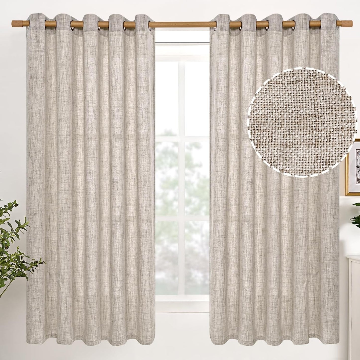 YoungsTex Natural Linen Curtains 84 Inch Long for Living Room Bedroom Grommet Top Light Filtering Privacy Linen Textured Window Semi Sheer Drapes, 2 Panels, 52x84 Inch, Natural