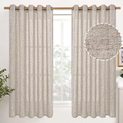 YoungsTex Natural Linen Curtains 84 Inch Long for Living Room Bedroom Grommet Top Light Filtering Privacy Linen Textured Window Semi Sheer Drapes, 2 Panels, 52x84 Inch, Natural