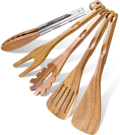 Edergoo Wood Cooking Utensils Set, 5 PCS Wooden Spoons for Cooking Includes Stainless/Wood Kitchen Tongs, Natural Non-Stick Wooden Utensil Set with Innovative Finger Groove & Non-Slip Notch Design