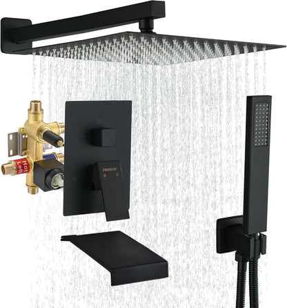 Fransiton Shower System Rain Shower System Set Ceiling Mounted, Rainfall Shower Head with Handheld, Bathroom Shower Kit (Valve Included) (8" - Wall Mount, Matte Black)