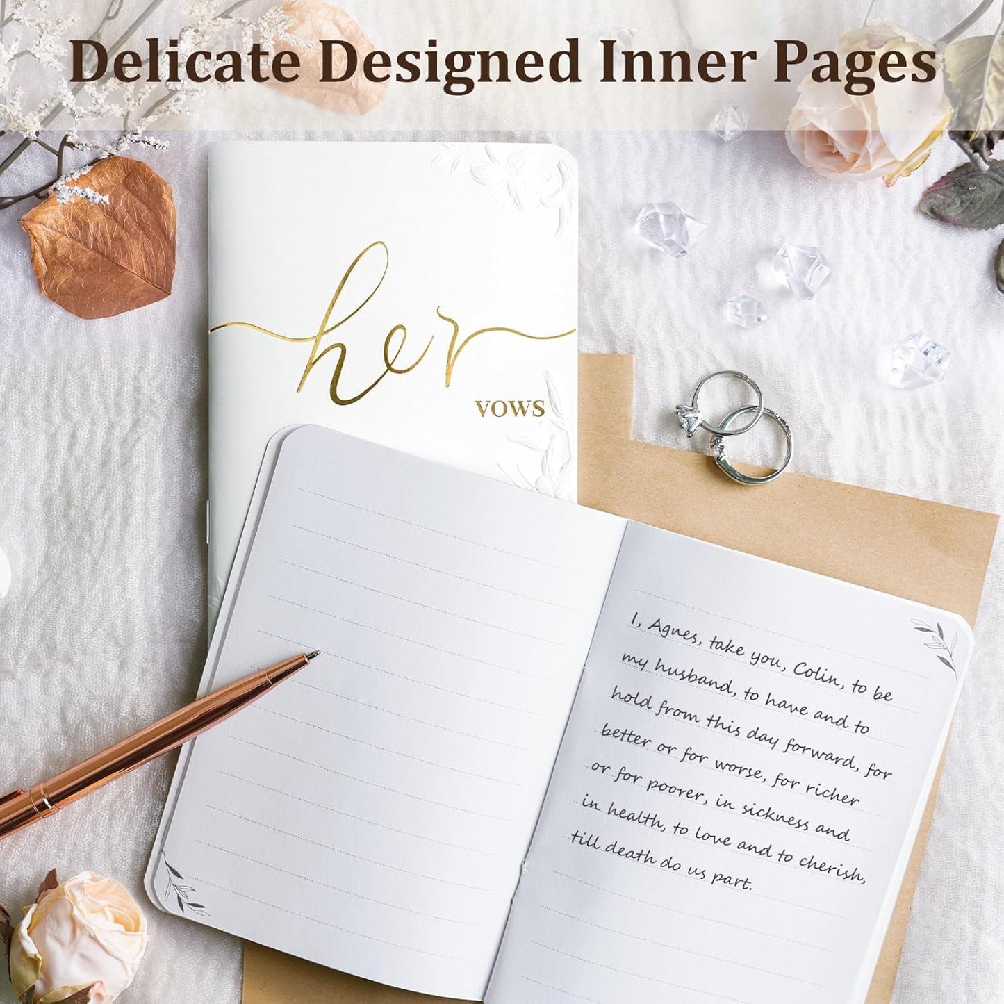 WEMATE Vow Books His and Hers,Wedding Vow Book with Gold Foil and 2 Pens, Wedding Essentials, Beautiful Wedding Present Stuff - Brown and Apricot