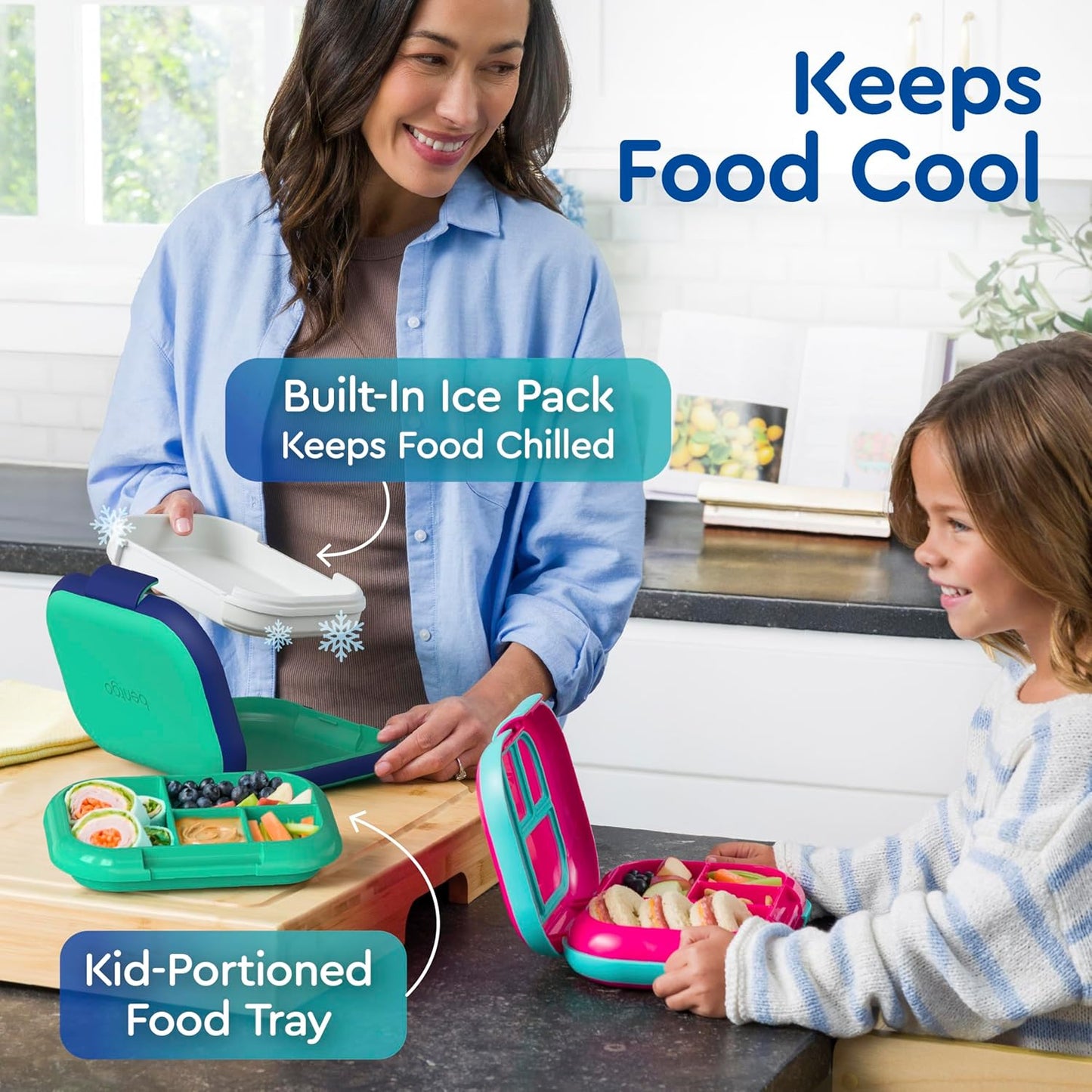 Bentgo Chill Kids Leak-Proof Lunch Box - 4-Compartment Bento Box with Built-In Ice Pack, 3.3 Cup Capacity, PFAS & BPA-Free, Microwave & Dishwasher Safe, Ideal Size for Ages 3 to 7 (Aqua)