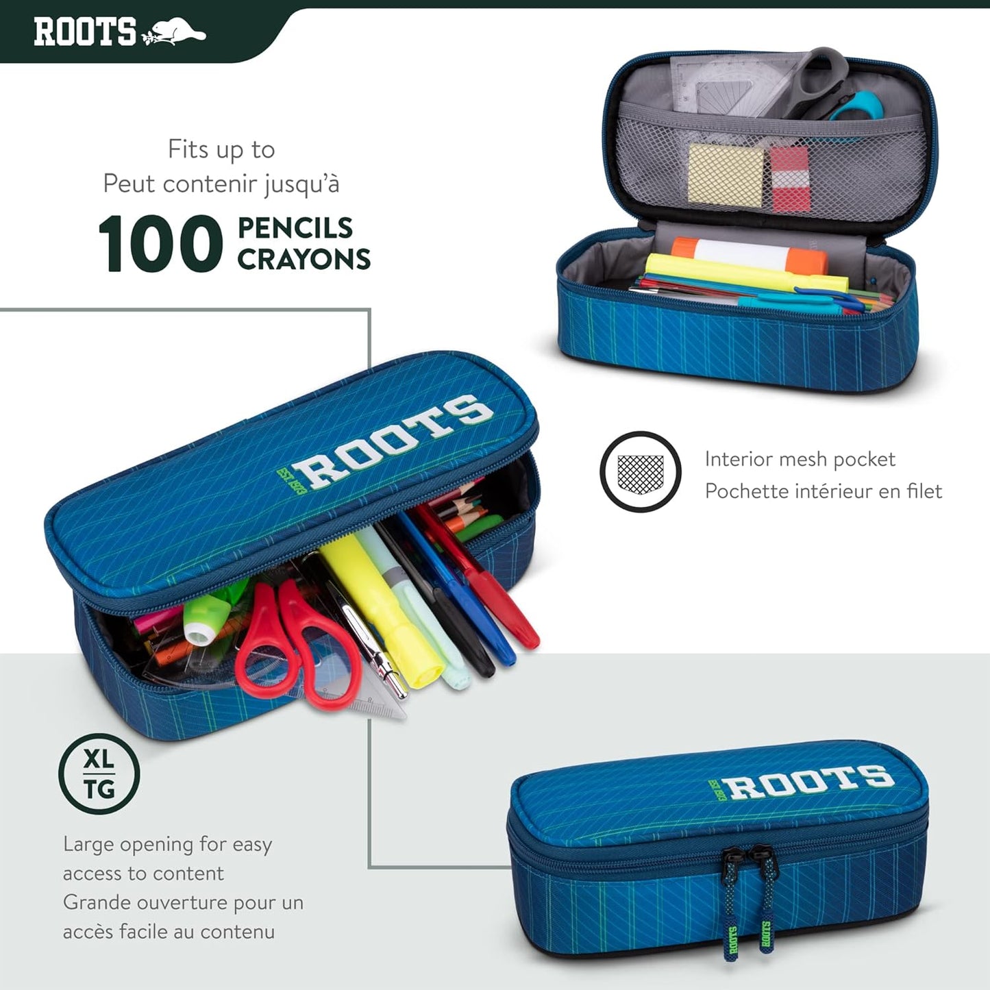Roots Original 3-in-1 Matching Water Resistant Backpack and Lunch Bag Set with Bonus Pencil Case - Made From 100% Recycled Fabrics - 33 litres, Blue, Large