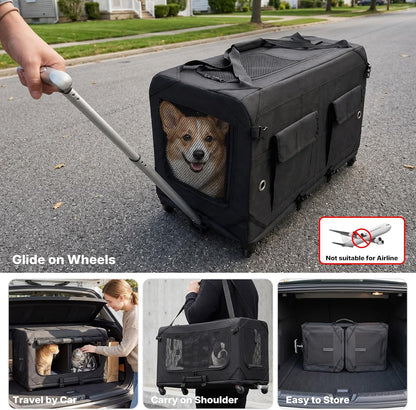 Veehoo Large Pet Carrier with Wheels for 2 Cats, Extra Long 76cm Foldable | Soft-Sided Rolling Cat Carrier for 2 Small Dogs, Removable Divider, Telescopic Handle, 76× 38× 51 cm, Black