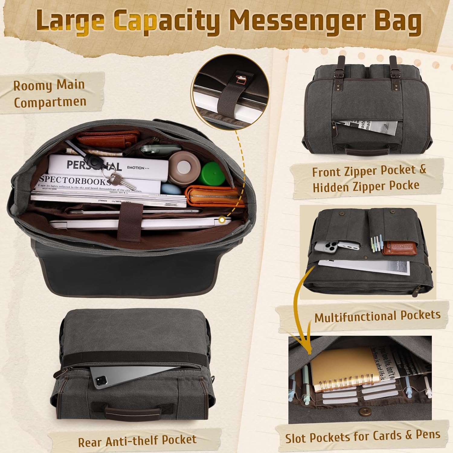 RAINSMORE Canvas Messenger Bag Men 17-17.3 Inch Laptop Bag Computer Briefcase Water Resistant Satchel Bag for Men Work Office - PuriLite