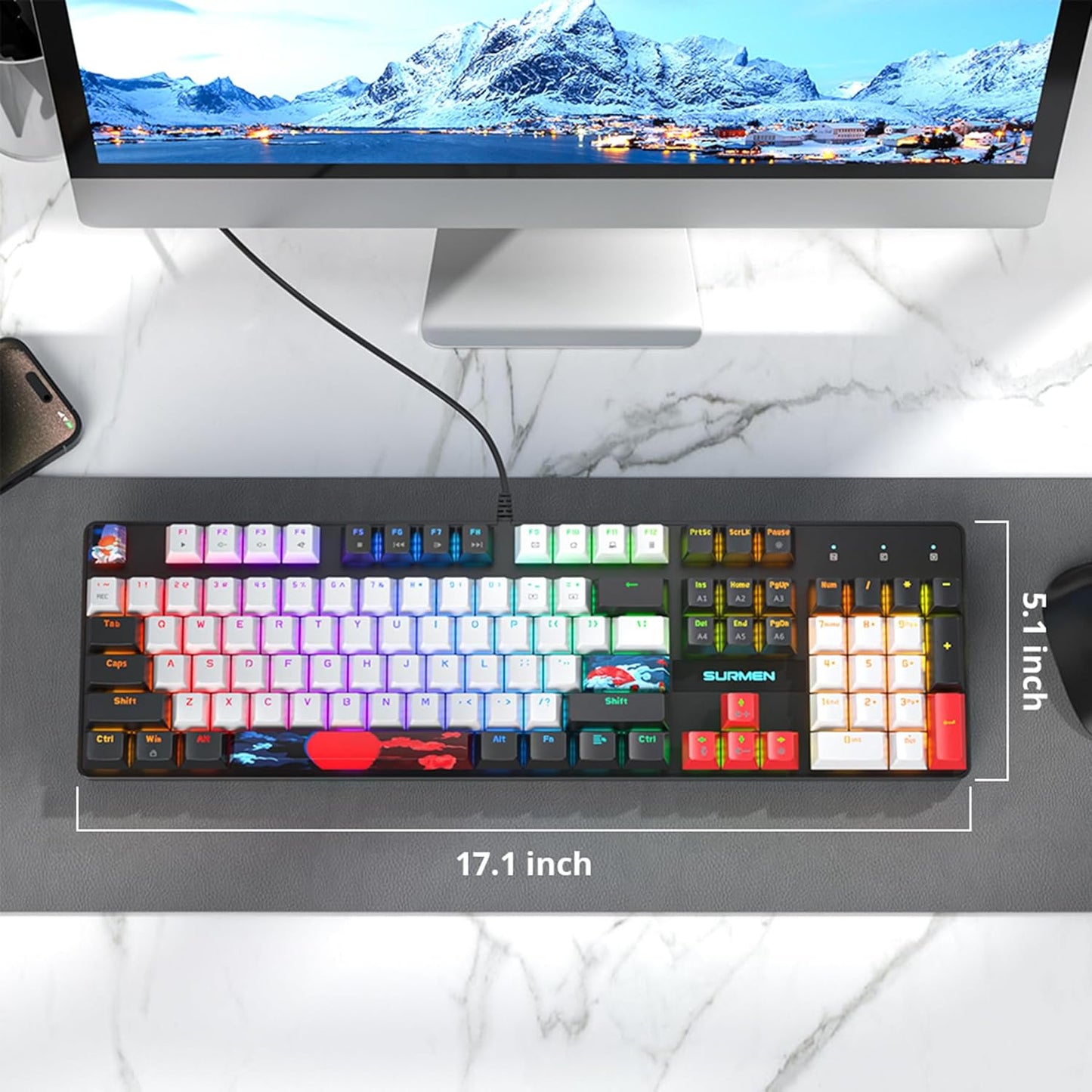 Fogruaden Full Size Mechanical Keyboard, Green Matcha Keyboard, Wired USB 104 Keys RGB Backlit Gaming Keyboard with Number Pad, Red Switches, NKRO Mechanical Keyboard for Windows Laptop PC Gamer