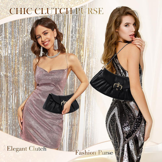 VX VONXURY Clutch Purse for Women Elegant Pleated Evening Bag with Chain Strap for Wedding Party Dating - PuriLite