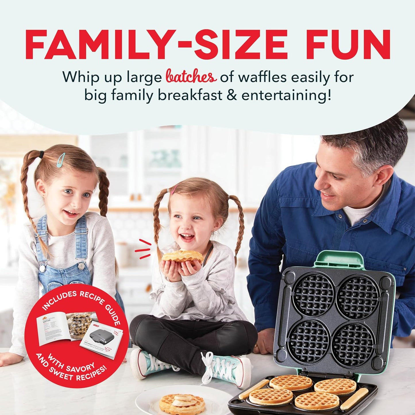 DASH Multi Mini Waffle Maker: Four Mini Waffles, Perfect for Families and Individuals, 4 Inch Dual Non-stick Surfaces with Quick Release & Easy Clean - Aqua