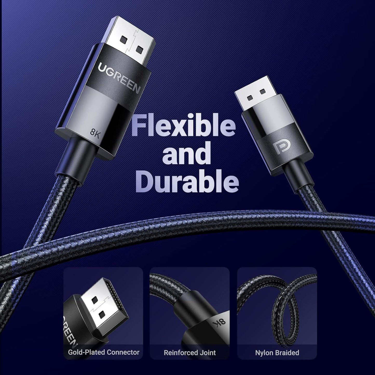 UGREEN VESA Certified DisplayPort 1.4 Cable, DP 8K@60Hz, 4K@144Hz, 1080P@240Hz, Support 32.4Gbps HDR, FreeSync G-Sync, Braided Cord for HDTVs, Gaming Monitors, PC Graphics (6ft)