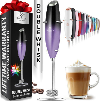 Zulay Kitchen Powerful Double Whisk Milk Frother Handheld - Foam Maker with Stand - Whisk Drink Mixer for Coffee, Mini Foamer for Latte, Matcha, Frappe, Hot Chocolate & Cappuccino (Black)