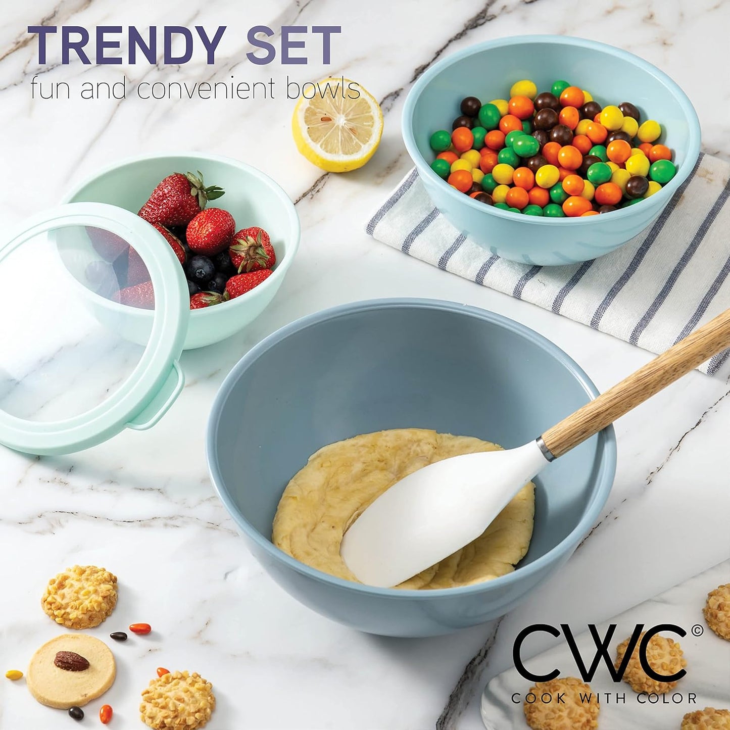 COOK WITH COLOR Mixing Bowls with TPR Lids - 12 Piece Plastic Nesting Bowls Set Includes 6 Prep Bowls and 6 Lids, Microwave Safe Mixing Bowl Set (Green)