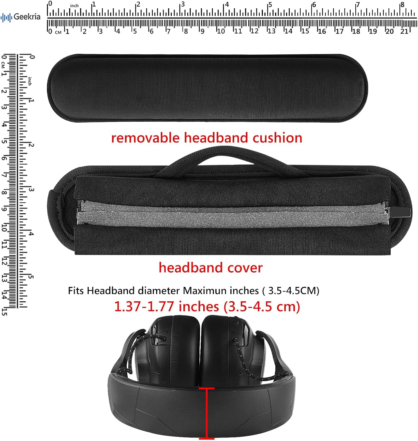 Geekria Hook and Loop Headband Cover + Pad Set, Protector with Zipper Closure Compatible with Medium Sized Headphones, Easy DIY Installation (Protein Leather/Black)