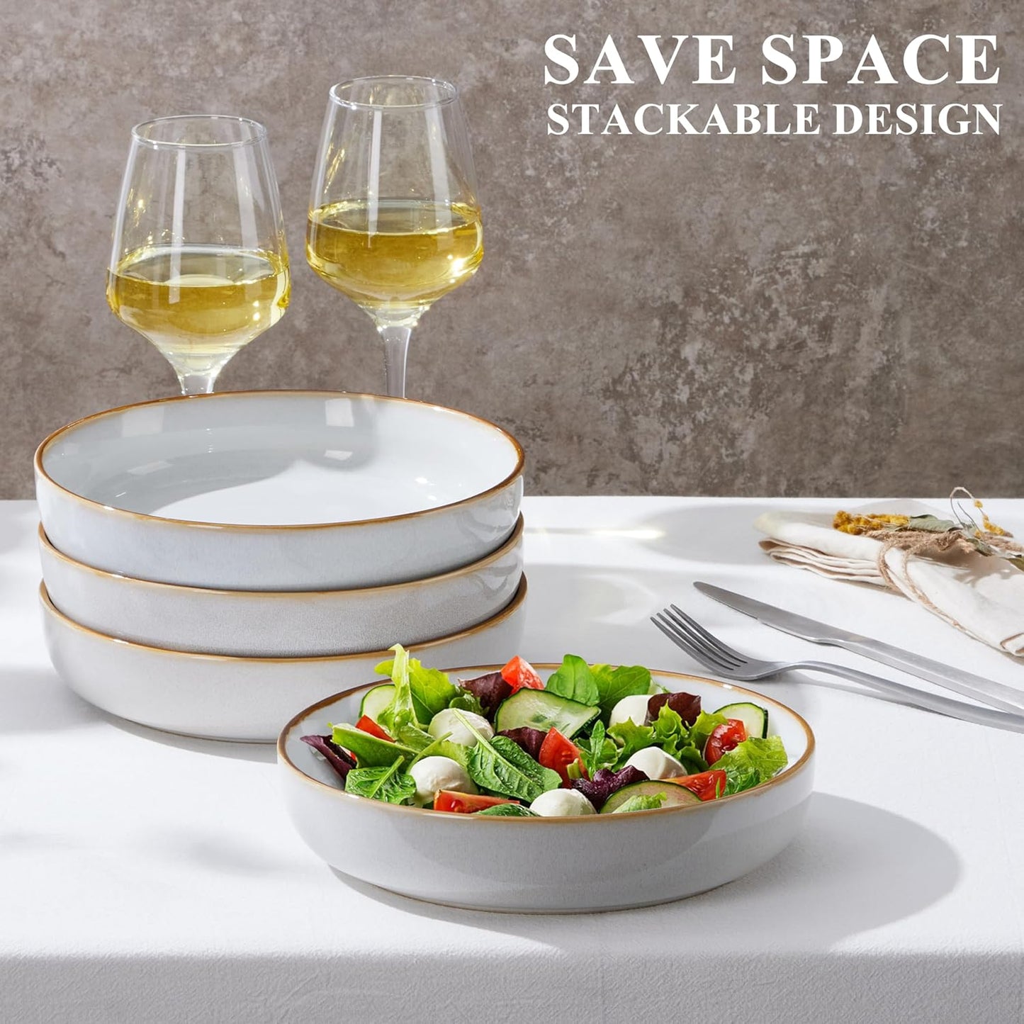 E-far Pasta Bowls Set of 4, 35oz Large Salad Bowls for Serving, Wide and Shallow Ceramic Bowls Plates for Pasta, Double Reactive Glaze, Microwave and Dishwasher Safe, Seashell White