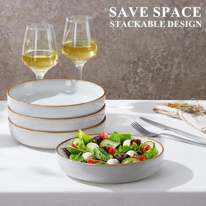 E-far Pasta Bowls Set of 4, 35oz Large Salad Bowls for Serving, Wide and Shallow Ceramic Bowls Plates for Pasta, Double Reactive Glaze, Microwave and Dishwasher Safe, Seashell White