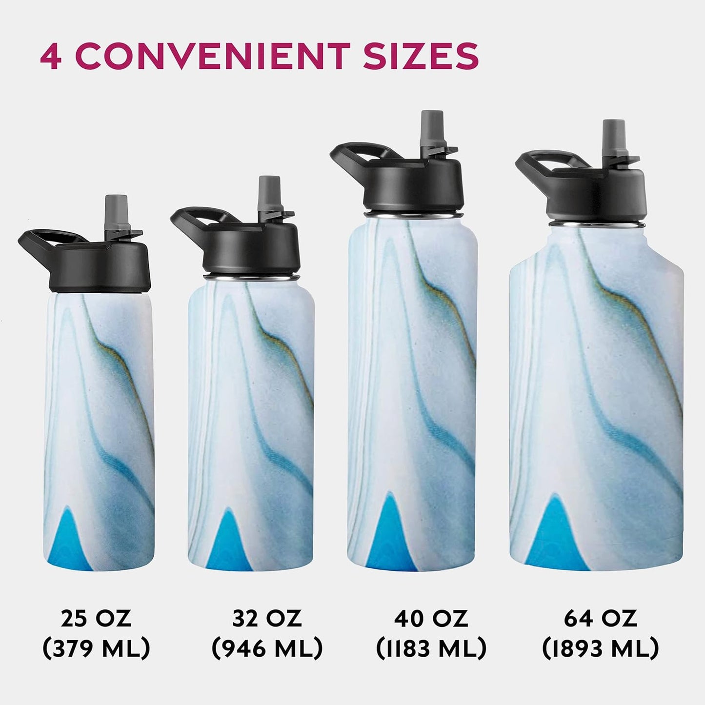 FineDine Water Bottle - Stainless Steel Insulated Water Bottle with Straw Lid, Flip Lid & Wide-Mouth Cap - Keeps Hot and Cold - 25 Oz / 739ml - Pure Pearly White