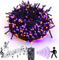 Halloween String Lights Outdoor with Music Sync Spooky Sounds 300 LED 114.8ft Indoor Fairy String Lights Waterproof Memory Function for Halloween Party Haunted House Decorations (Purple & Orange)