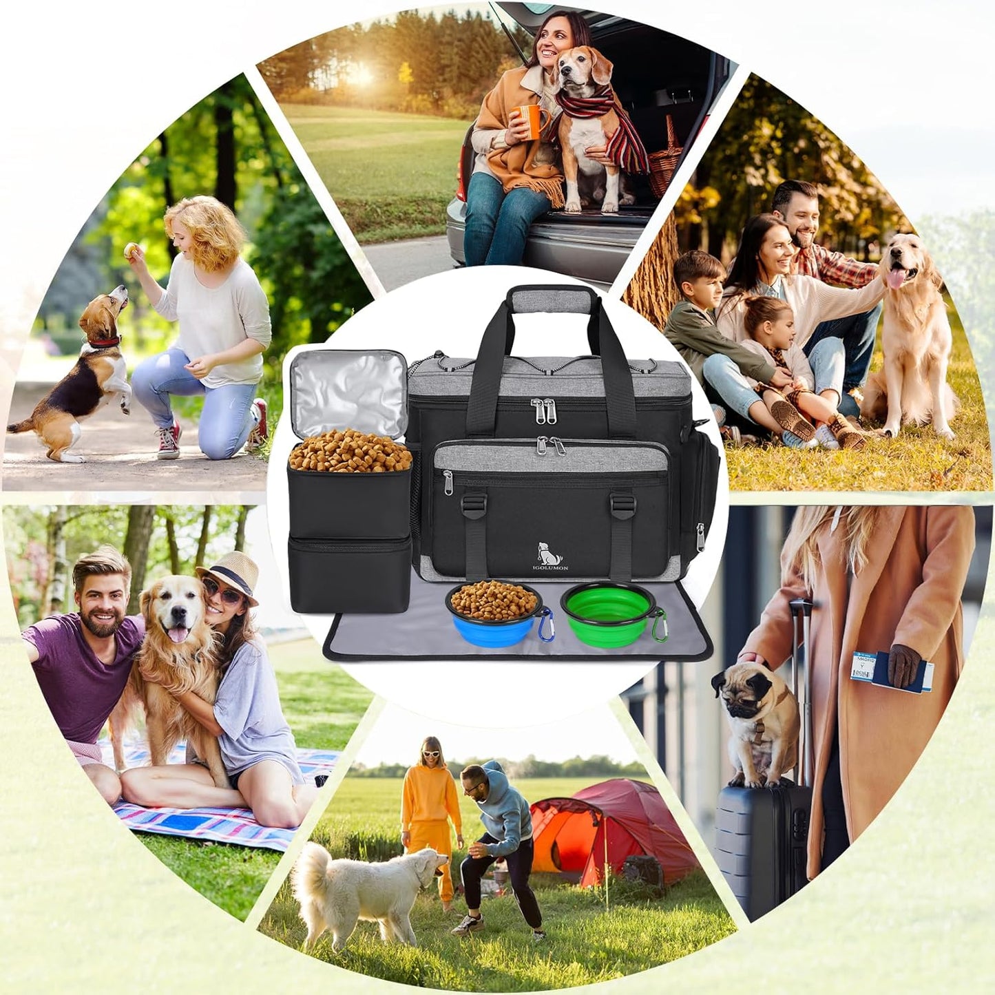 IGOLUMON Dog Travel Bag Weekend Pet Travel Bag Set for Supplies Large Dog Camping Kit Airline Approved Tote Organizer with Multi Pockets, 2 Large Food Containers, 2 Dog Bowls, 1 Feeding Mat