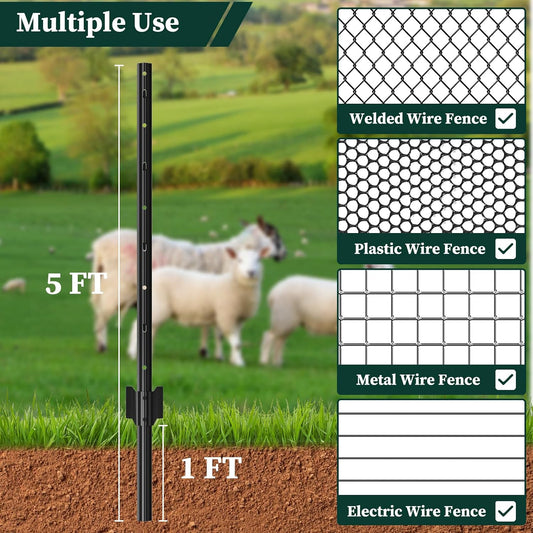 Metal Garden Fence Posts– Heavy Duty U-Post for Wire Fencing, 5 FT Black