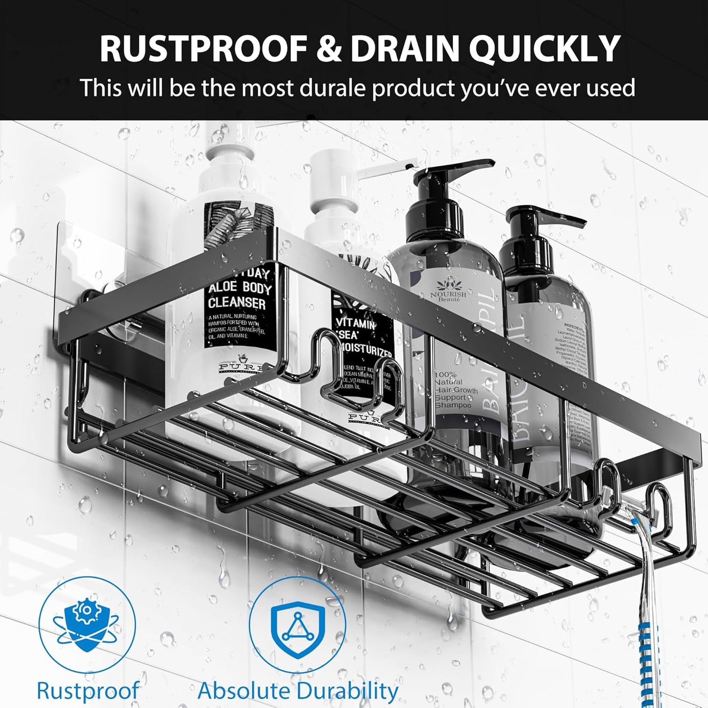 Moforoco Shower Caddy Shelf Organizer Rack, Self Adhesive Black Bathroom Shelves Basket, Home Farmhouse Wall Shower Inside Organization and Storage Decor Rv Accessories, First Apartment Essentials