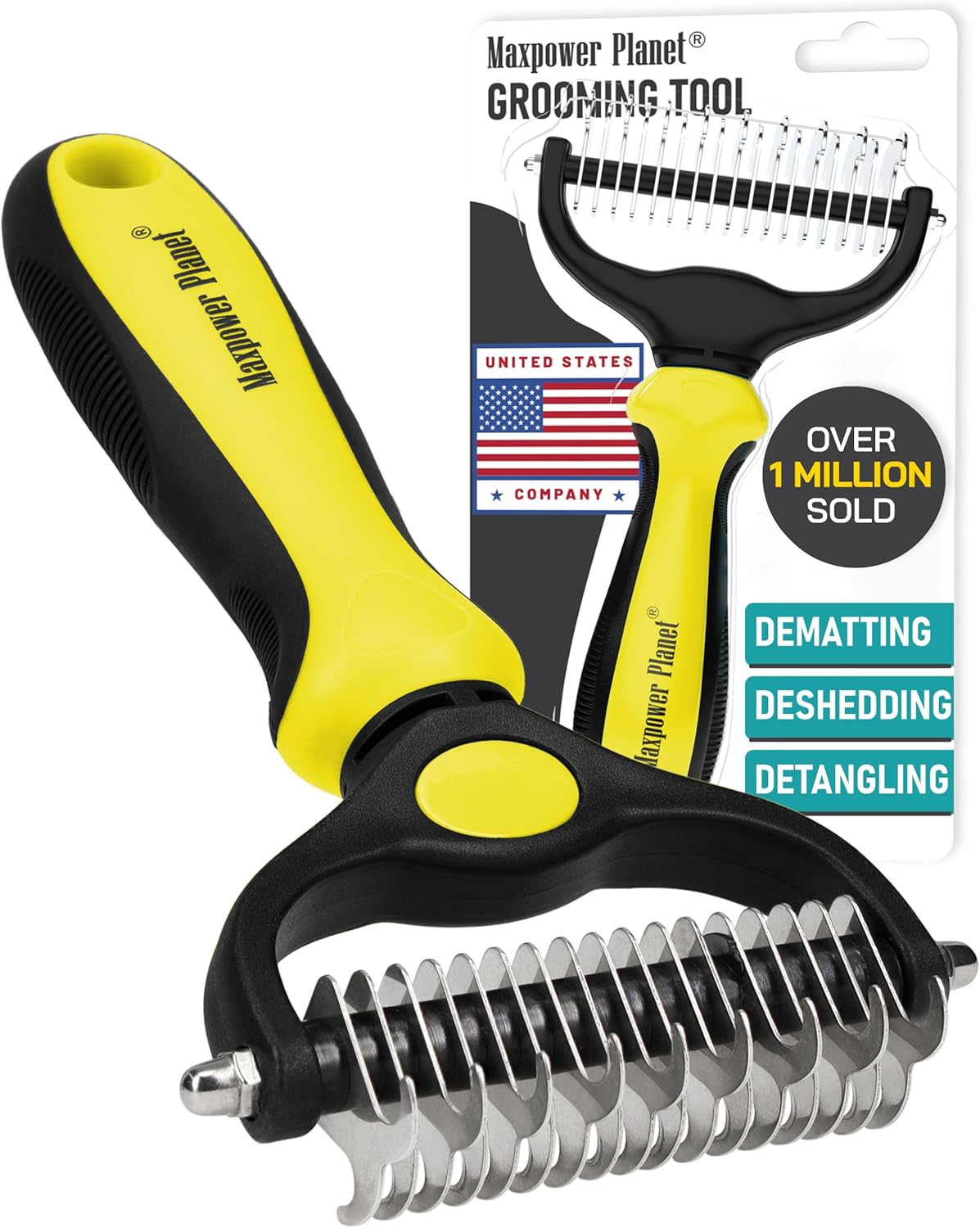 Maxpower Planet Pet Grooming Brush - Double Sided Shedding, Dematting - Undercoat Rake for Dogs - Dog Grooming Brush - Deshedding Brush for Dogs - Dog Brush, Cat Brush, Reduce Shedding by 95%, Black