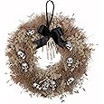 FLOROAD 24" Halloween Wreath for Front Door with Gold Skull Skeleton, Black Bow, Artificial Wheat and Pampas Grass - Fall Halloween Holiday Scary Gothic Decoration for Home Door Wall
