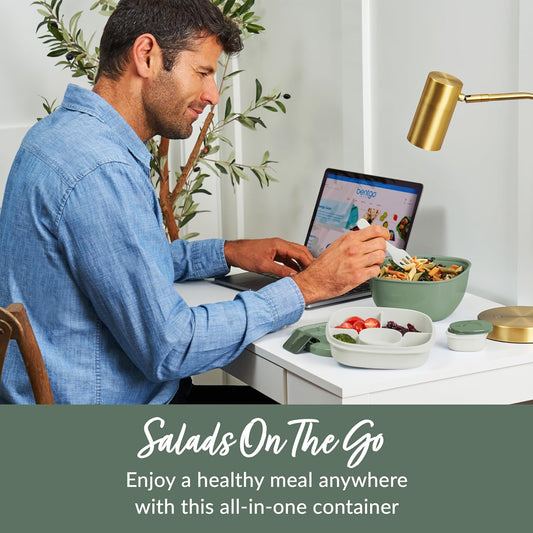 Bentgo Salad - Stackable Lunch Container with Large 54-oz Salad Bowl, 4-Compartment Bento-Style Tray for Toppings, 3-oz Sauce Container for Dressings, Built-in Reusable Fork & BPA-Free (Khaki Green) - PuriLite